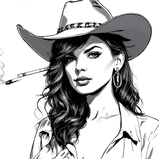 Fine Line Head And Shoulders Cowgirl Smoking Cigarette