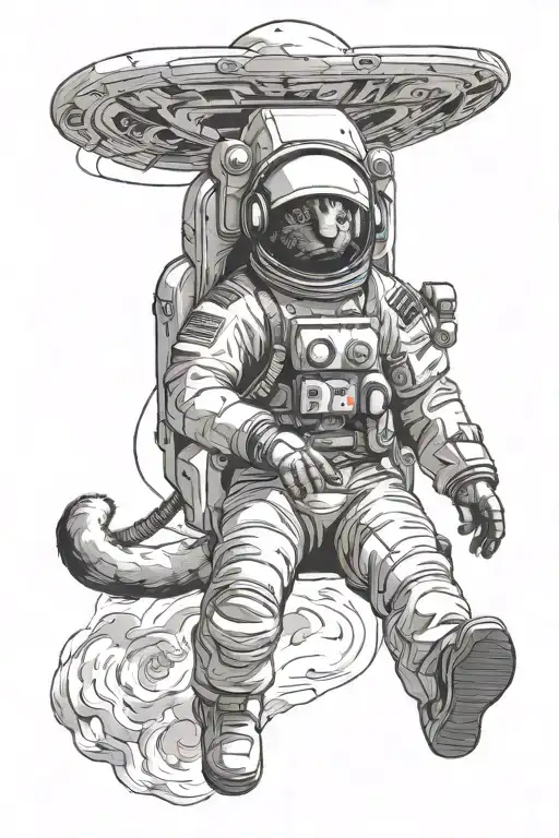 Astronaut Floating With Cat's Face In The Helmet