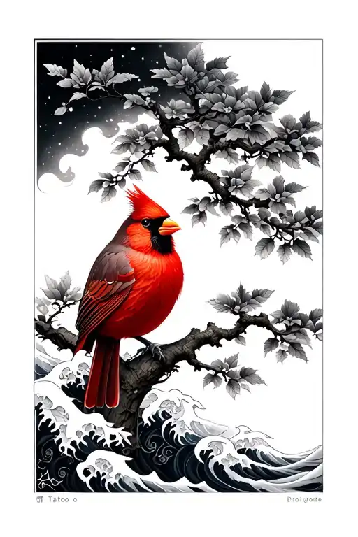 Cardinal In A Tree With Japaneese Waves And Filligree Filler