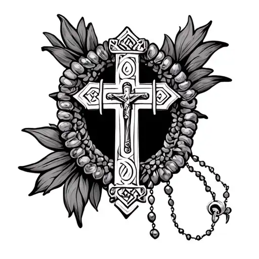 A Greek Orthodox Cross Tattoo With A Rosary Around It And The Name Rocco In Cursive