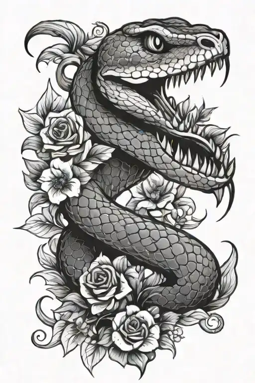 Brave Snake With Tongue Out And Flowers