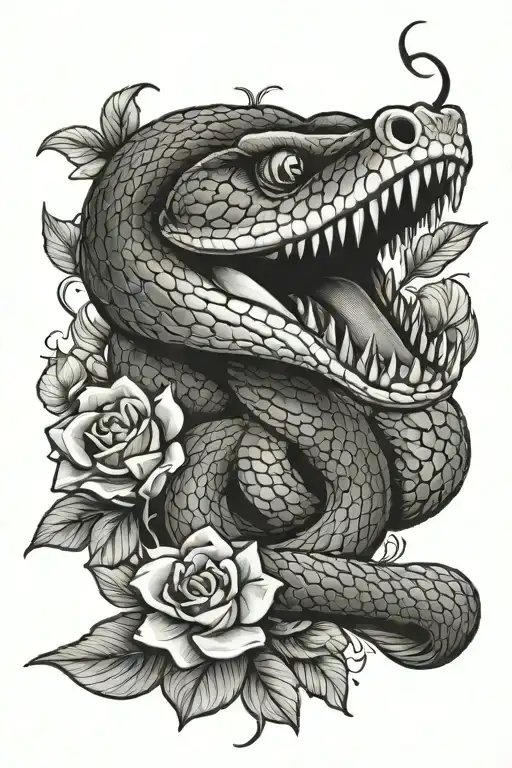 Brave Snake With Tongue Out And Flowers