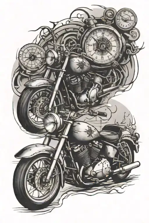 Two Motorcycles Riding Side By Side With A Broken Clock And A Compass Rose