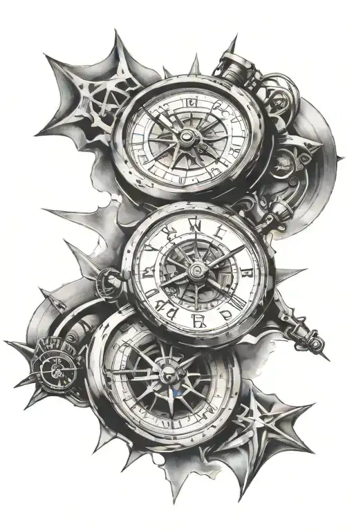 Two Motorcycles Riding Side By Side Inside A Broken Clock And A Compass Rose