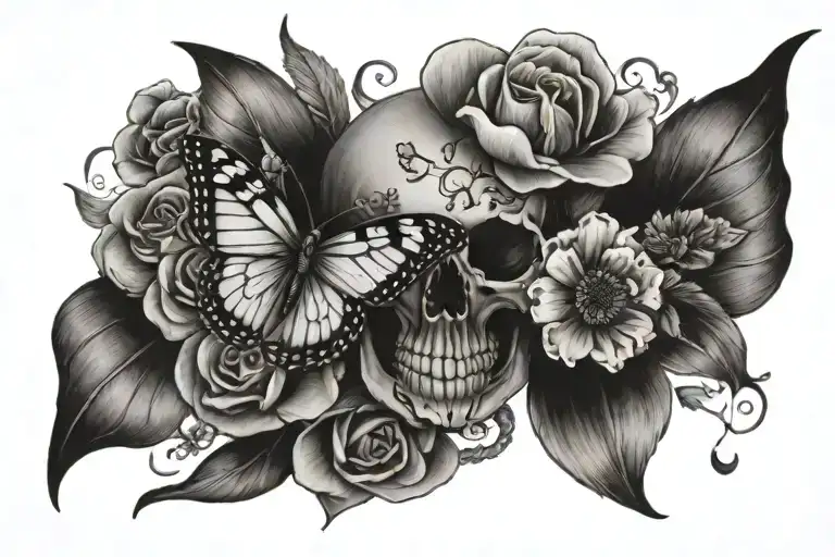 Butterfly And Flowers With A Skull