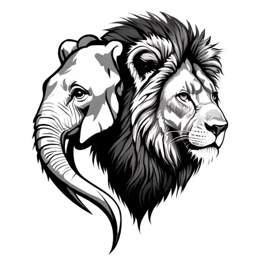 Simple Line Drawing Elephant Head And Lion Head Looking Away From Each Other