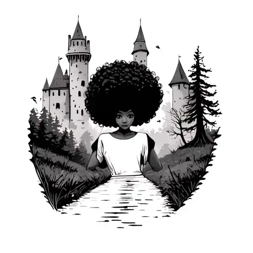 Girl With Afro Puff Facing Dark Woods Path Leading To Castle