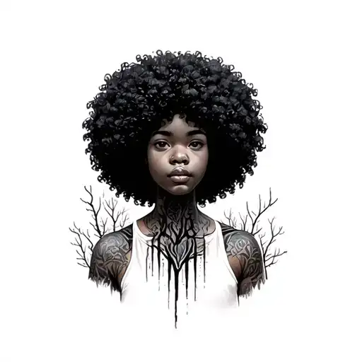 Girl With Afro Facing Dark Woods Leading To A Hidden