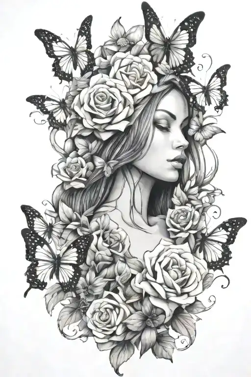 Woman With Flowers And Butterflies In 3D