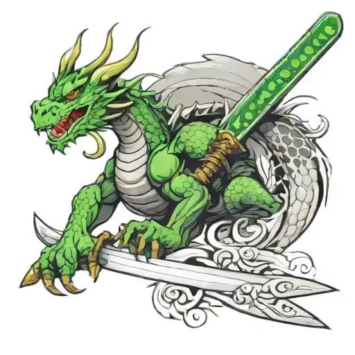 Green Dragon With Black Horns Wrapped Itself Big Katana Blade