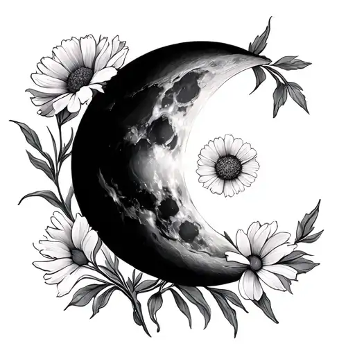 Half Moon Phase With Marigold Flower Black And White With Gentle Shading