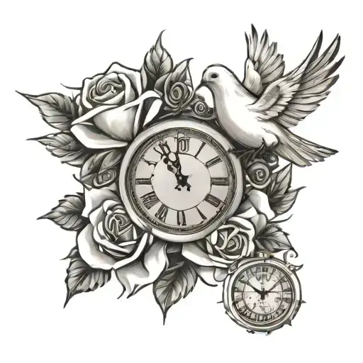 Clock Dove Roses
