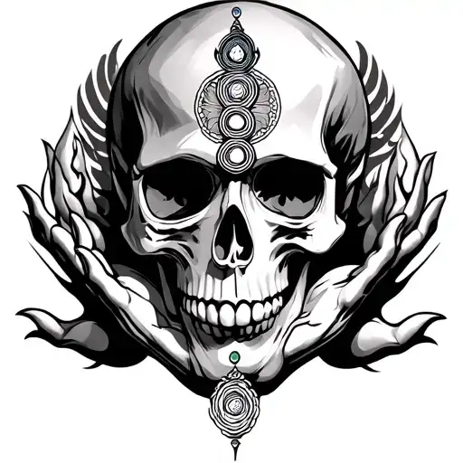 Skull Holding Seven Chakras With Trishul