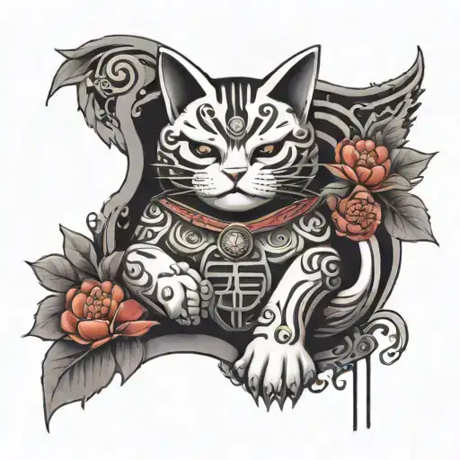 A Japanse Lucky Cat With A Shrine Guardians Infront With Cherry Blossum