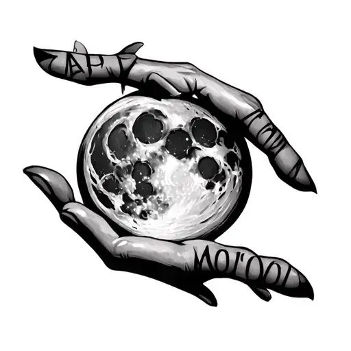 The Word Moon Spelled On The Fingers In A Hand With Gothic Typo