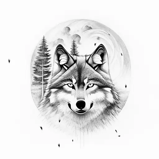 Forrest Scene With Wolf Howling Into Sky That Turns Into Outer Space