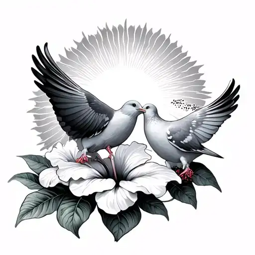 Two Doves In Love With A Hibiscus Flower Blooming With The Sun
