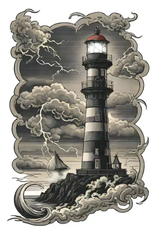 Lighthouse In Storm Clouds With Lightening Storm
