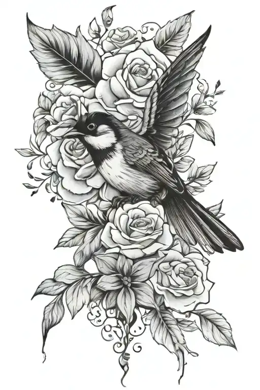 Flowers And Leaves And Bird