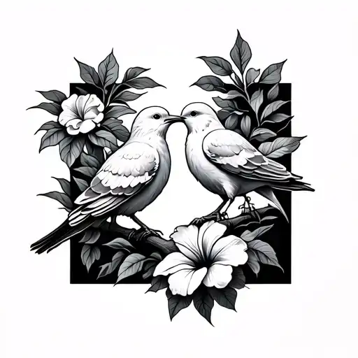 Two Doves In Love In A Tree With A Hibiscus Flower Blooming With The Sun