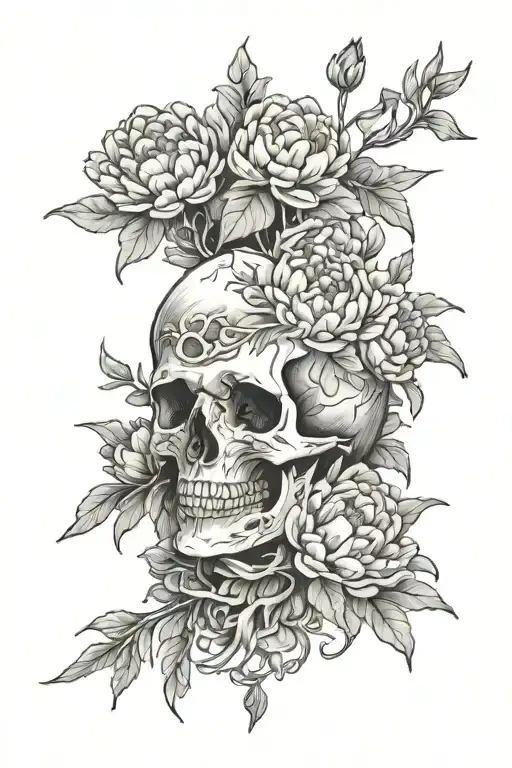 Mountains Trees Stream Peonies Skull