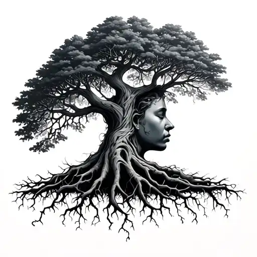 Tree With Roots Reaching Deep Into The Mind And Spirt Of A Person
