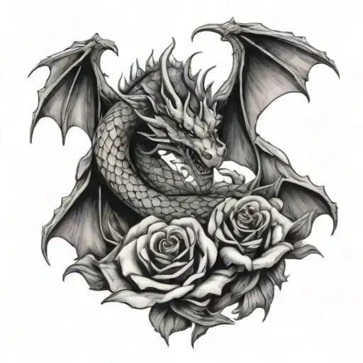 Dragon Wrapped Around Rose Surrounded