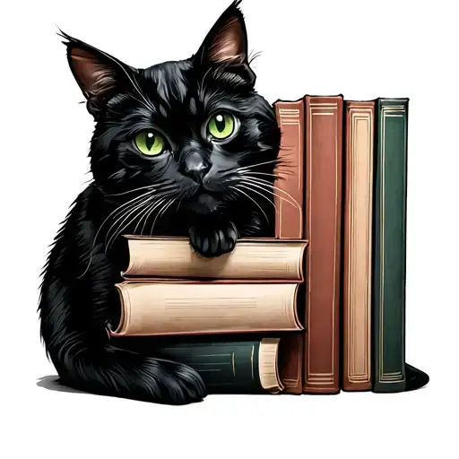 Balck Cat Green Eyes Sitting In 5 Books