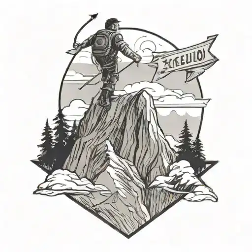 Man Going Up A Mountain Peak With A Banner That Says Excelsior