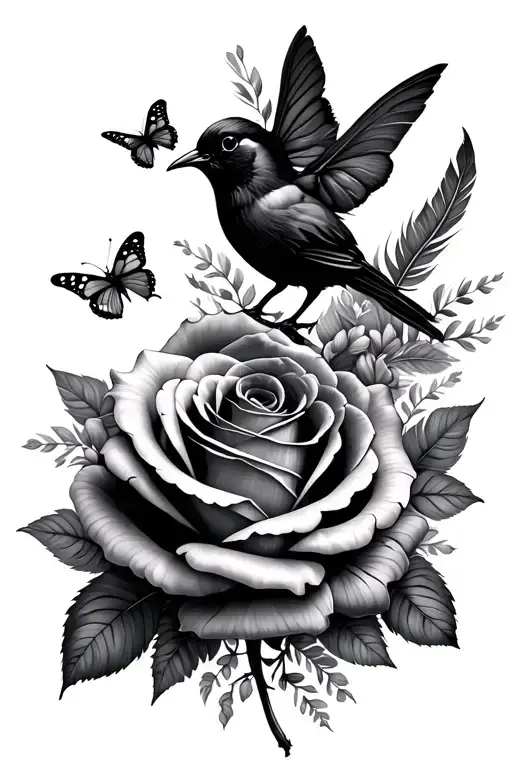 Roses With Bird Feathers And Butterflies Flying