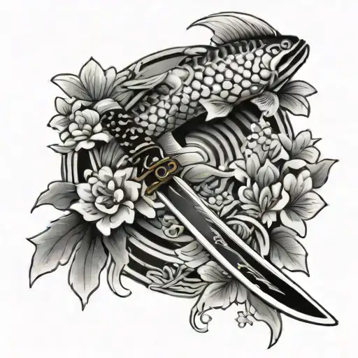 Katana With Cherry Blossoms And Koi Fish Wrapping Around The Katana