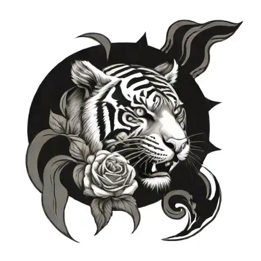 Tiger Black And White Angry With Head Skulks And Roses