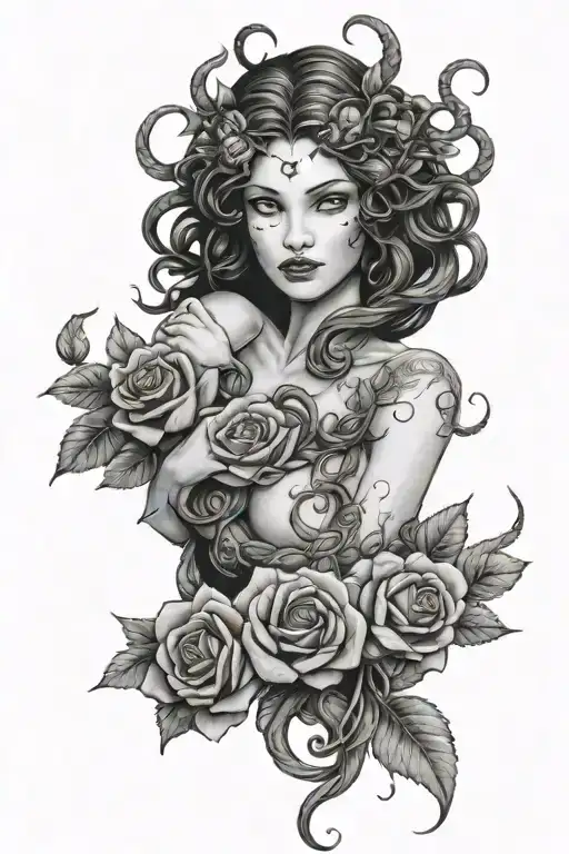 Lilith And Medusa Surrounded By Roses Intertwined