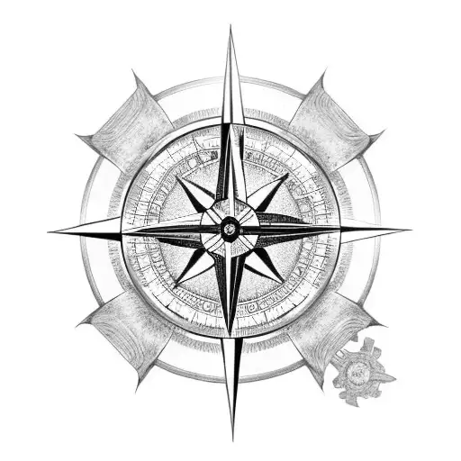A Black-grey Tattoo Of A Compass With A Map And A Motorcycle Helmet Incorporated Into The Design