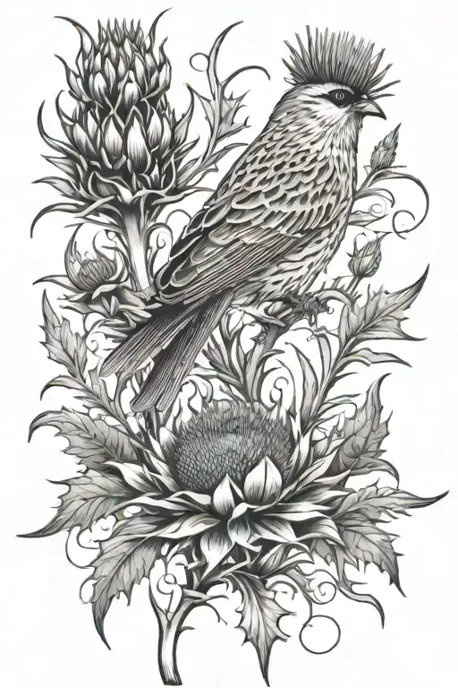 Thistle Half Sleeve With Sparrow Fine Line