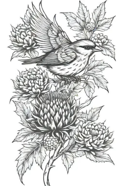 Thistle Half Sleeve With Sparrow Fine Line