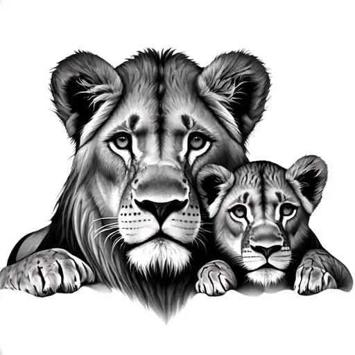 Lion And Lioness And Two Lion Cub Faces Peeking