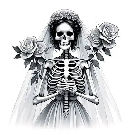Skeleton Bride Standing Holding Roses