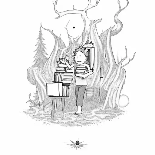 Ricky And Morty Characters Exploring A Mystical Forest Filled With Books