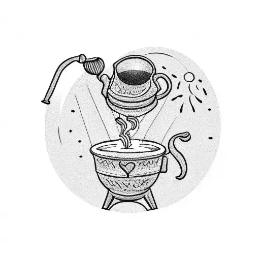 A Dotwork Tattoo Of A Witch Brewing Coffee In A Cauldron With A Beach Background
