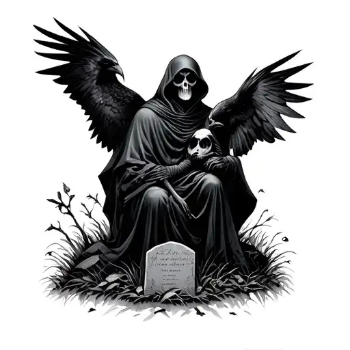 Grim Reaper And Raven In A Grave Yard