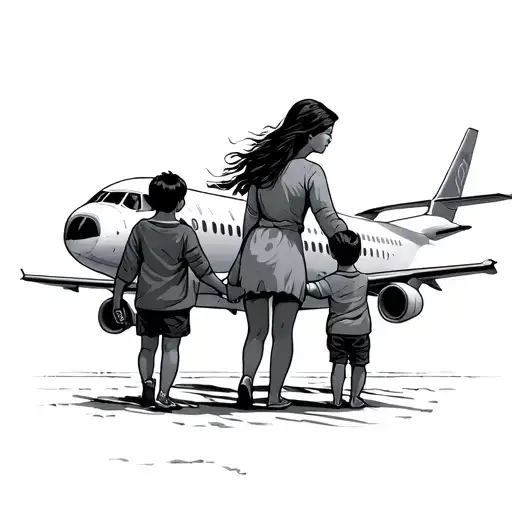 Mother Travelling Airplain With Children Holding Hands