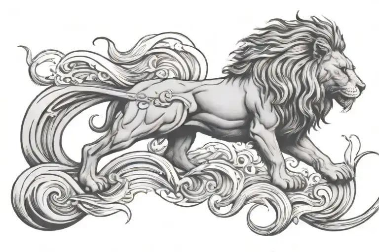 Lion With Waves Flowing Holding A Sword In His Left Hand And A Sun Behinde Of Him