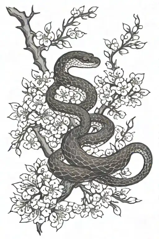 Habu Snake On Cherry Blossom Tree