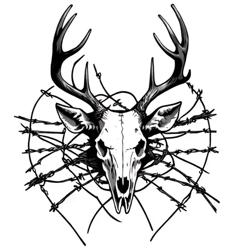 Deer Skull With Full Warp Around Barb Wire Wrapped In Thigh