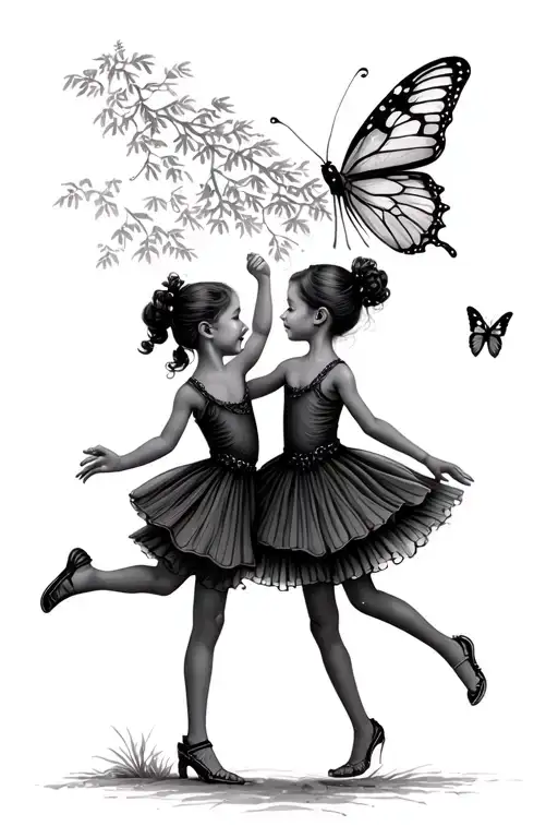 Two Children Dancing In A Forest With A Butterfly
