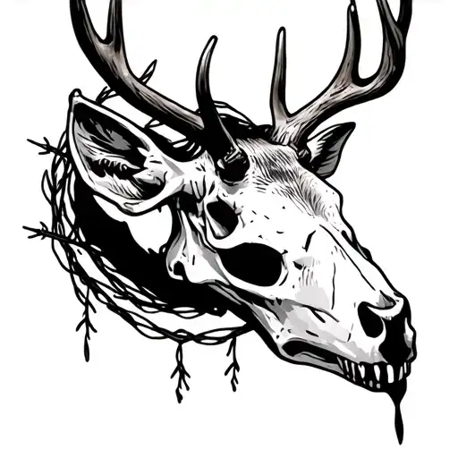 Deer Skull With No Ears On Thigh With Barbwire Below It Around The Thigh
