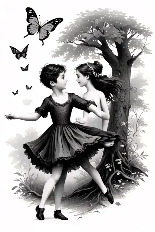 Boy And Girl Dancing In A Forest With A Butterfly