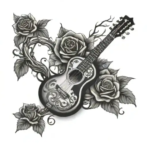 Guitar With Black Roses And Tree Of Life Intertwined