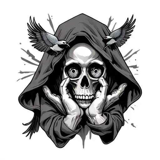 Skull With Hood With Praying Hands With An Eyeball And Birds